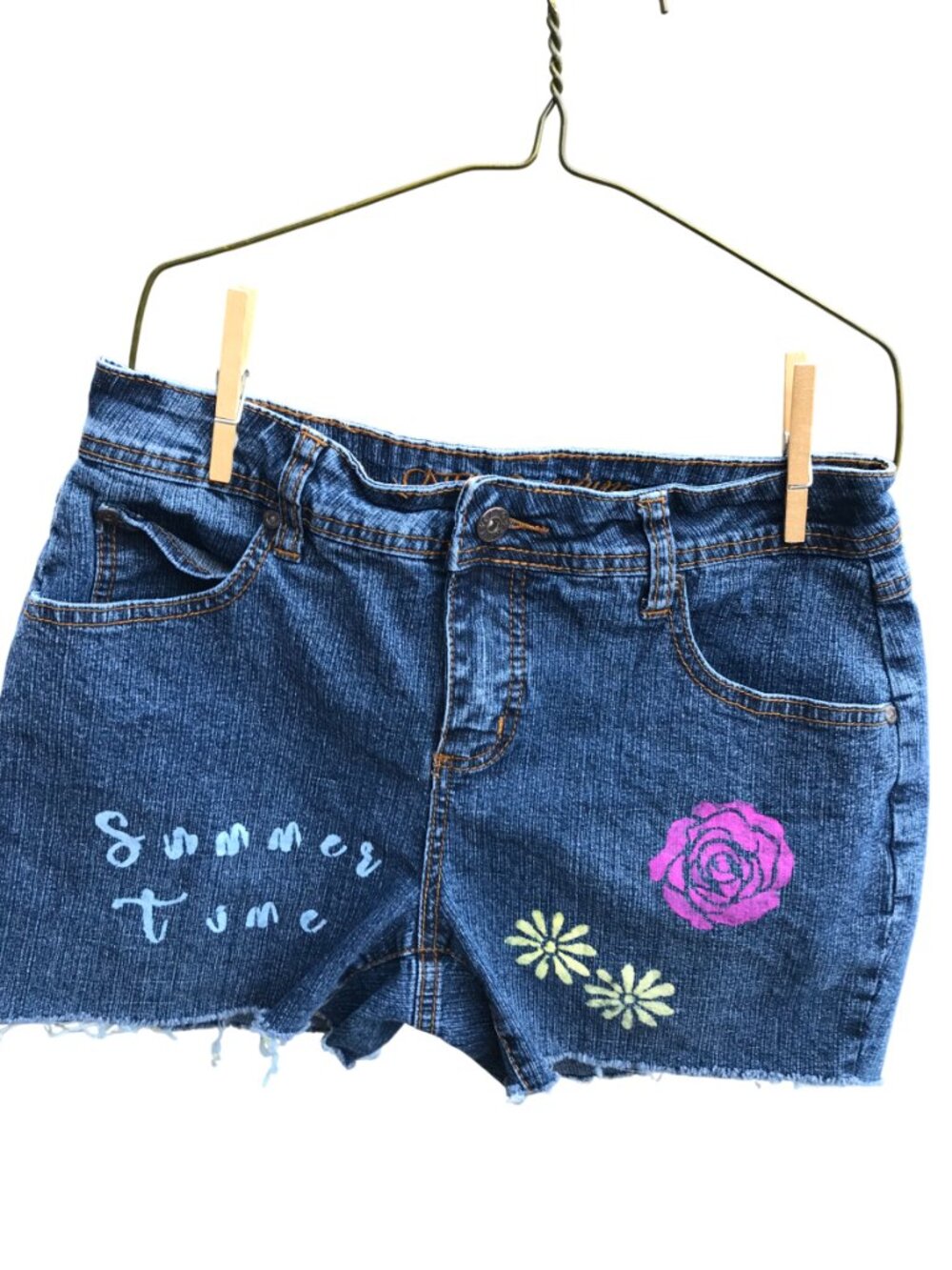 Upcycled Denim Cutoff Jean Shorts, Painted Summertime Fringy 8 Petite